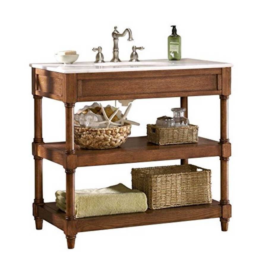 rustic bath vanity adds charm and storage with open shelving and furniture-style details.